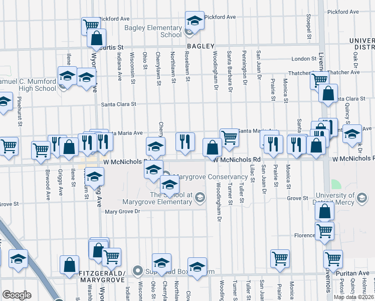 map of restaurants, bars, coffee shops, grocery stores, and more near 8224 West McNichols Road in Detroit