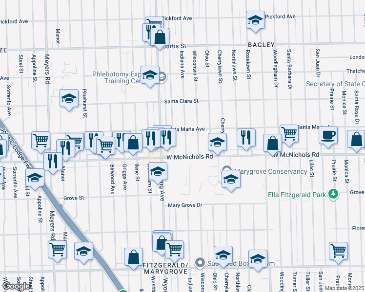 map of restaurants, bars, coffee shops, grocery stores, and more near 8806 West McNichols Road in Detroit