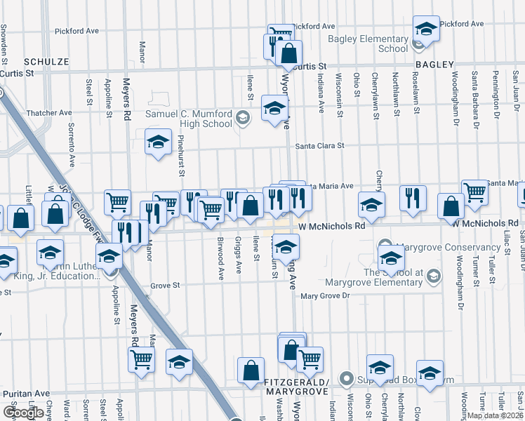 map of restaurants, bars, coffee shops, grocery stores, and more near 10100 West McNichols Road in Detroit
