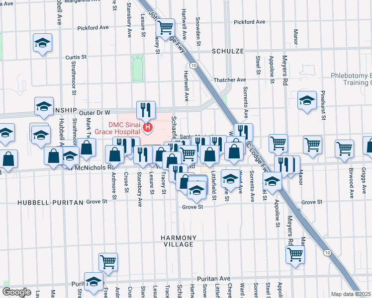 map of restaurants, bars, coffee shops, grocery stores, and more near 17126 Schaefer Highway in Detroit