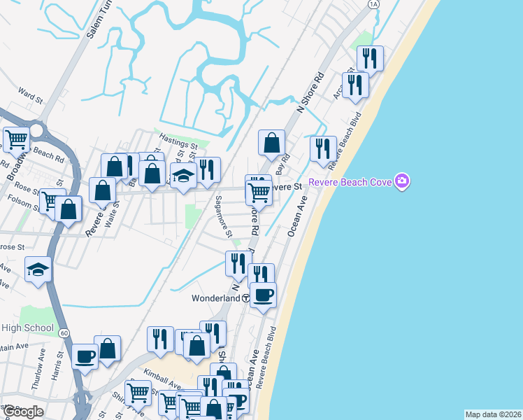 map of restaurants, bars, coffee shops, grocery stores, and more near 23 Calumet Street in Revere