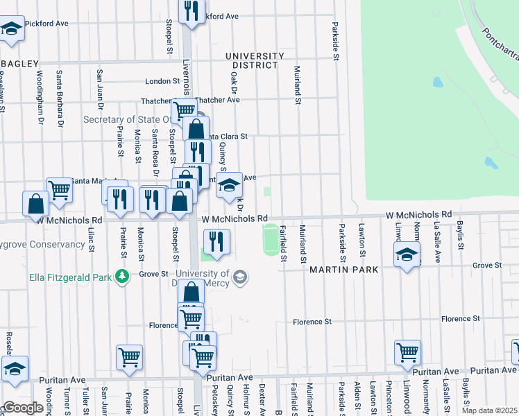 map of restaurants, bars, coffee shops, grocery stores, and more near 17130 Birchcrest Drive in Detroit