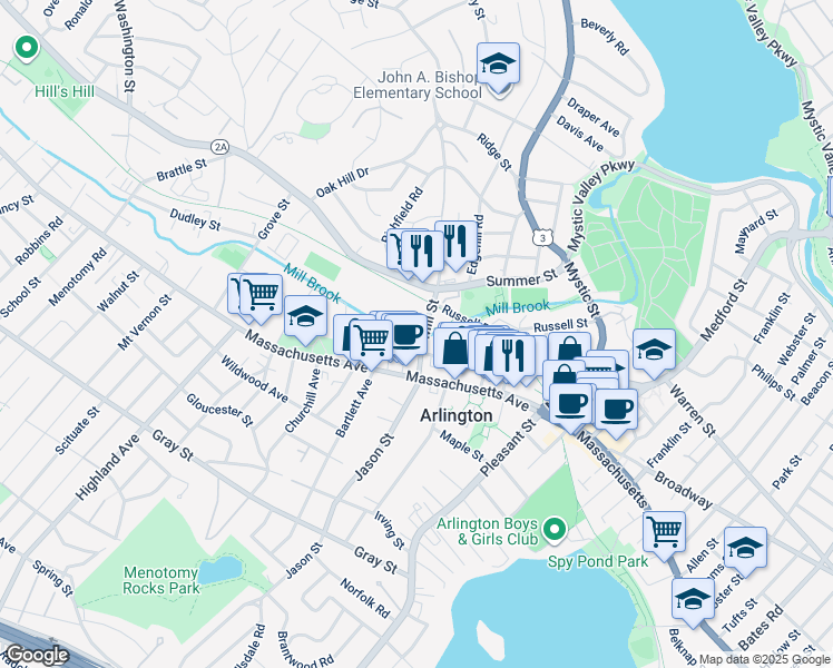 map of restaurants, bars, coffee shops, grocery stores, and more near 10 Ramsdell Court in Arlington