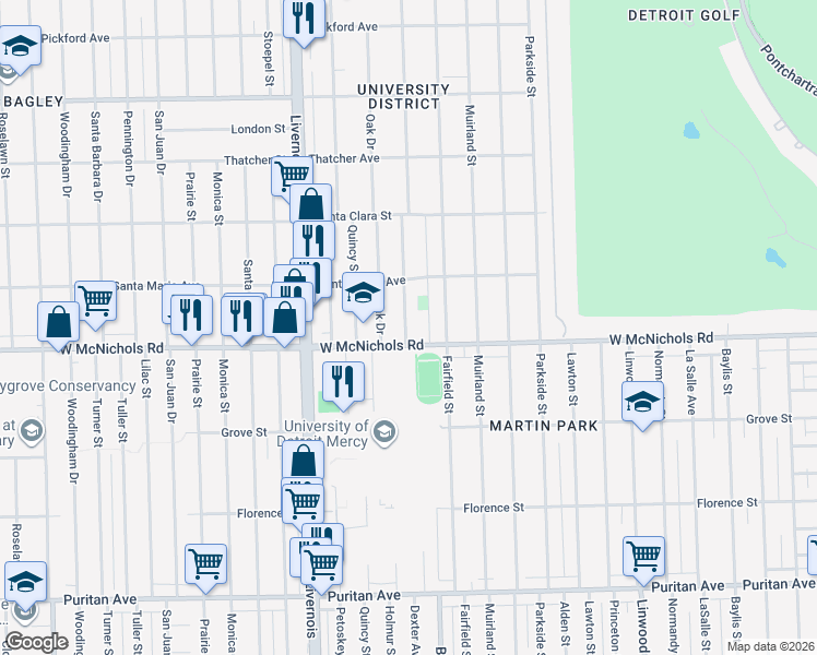 map of restaurants, bars, coffee shops, grocery stores, and more near 3856 West McNichols Road in Detroit