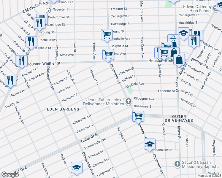 map of restaurants, bars, coffee shops, grocery stores, and more near 14274 Glenfield Avenue in Detroit