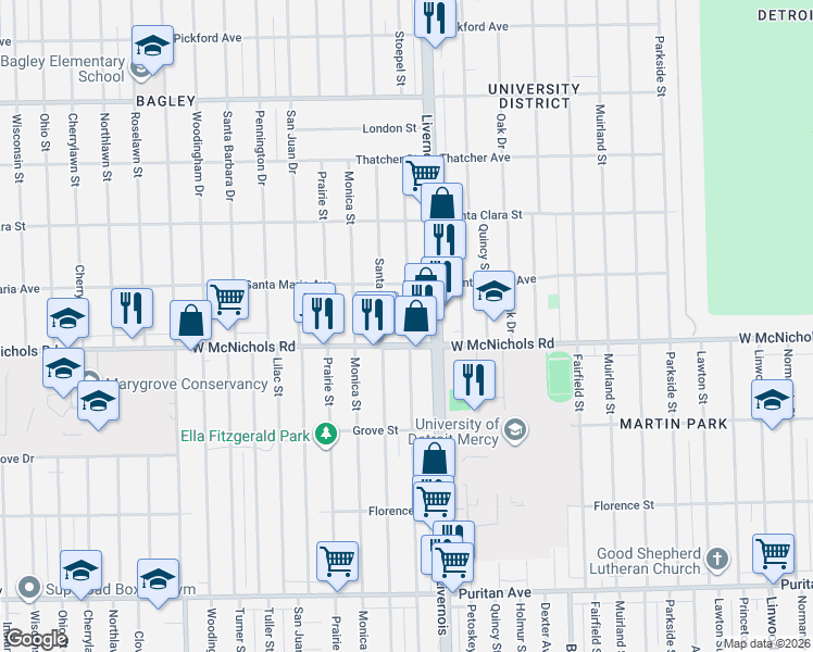 map of restaurants, bars, coffee shops, grocery stores, and more near 6345 West McNichols Road in Detroit