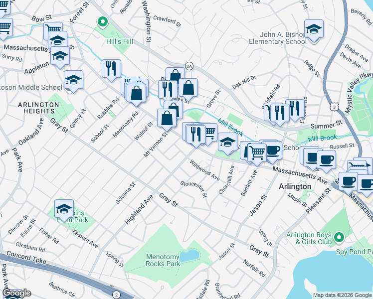 map of restaurants, bars, coffee shops, grocery stores, and more near 22 Highland Avenue in Arlington