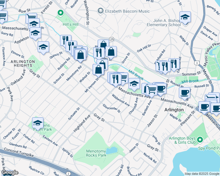 map of restaurants, bars, coffee shops, grocery stores, and more near 22 Highland Avenue in Arlington
