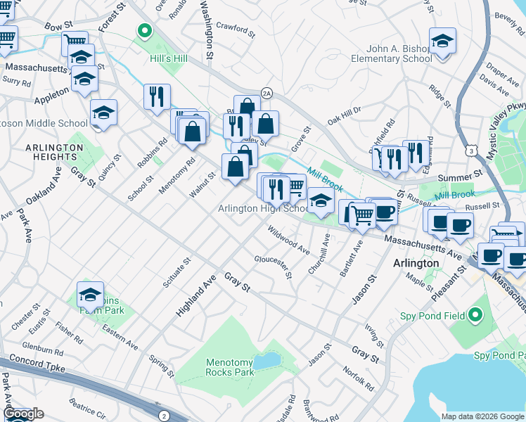 map of restaurants, bars, coffee shops, grocery stores, and more near 22 Highland Avenue in Arlington