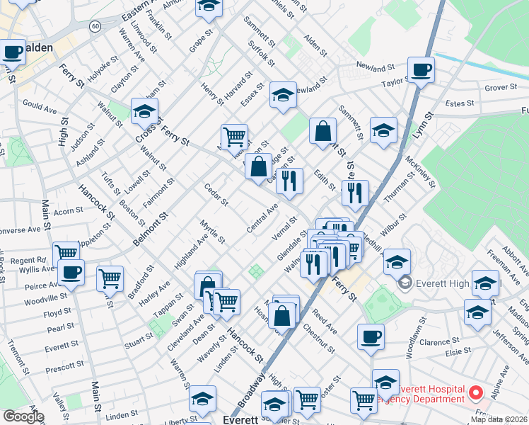 map of restaurants, bars, coffee shops, grocery stores, and more near 142 Central Avenue in Everett