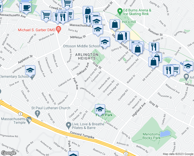 map of restaurants, bars, coffee shops, grocery stores, and more near 34 Fountain Road in Arlington