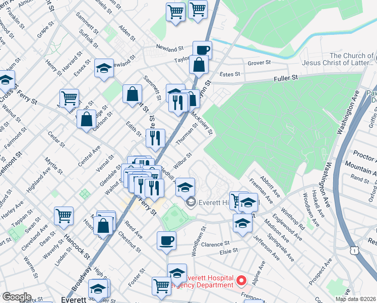 map of restaurants, bars, coffee shops, grocery stores, and more near 29 Wilbur Street in Everett