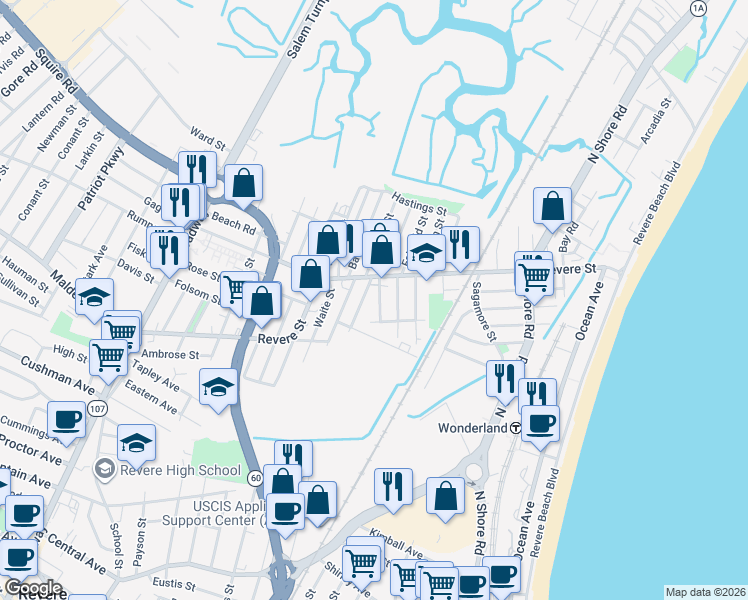 map of restaurants, bars, coffee shops, grocery stores, and more near 1 Washington Street in Revere