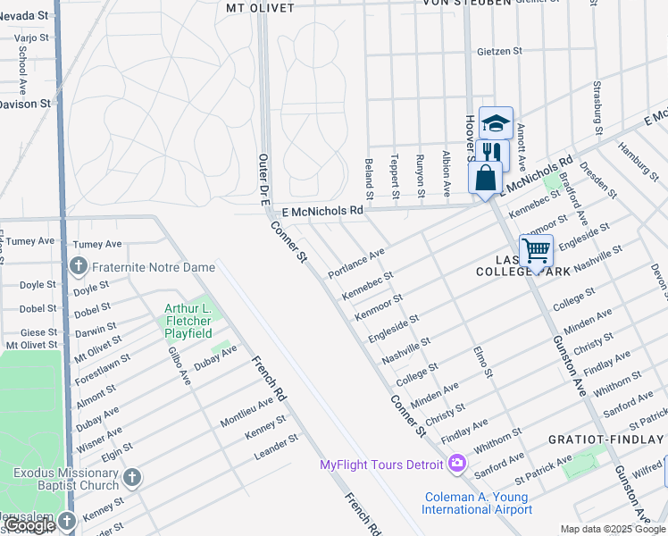 map of restaurants, bars, coffee shops, grocery stores, and more near 11035 Portlance Avenue in Detroit
