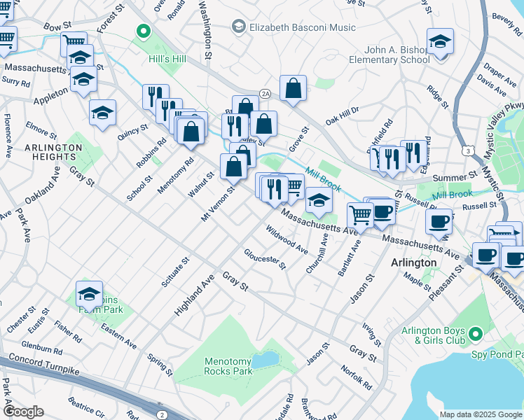 map of restaurants, bars, coffee shops, grocery stores, and more near 932 Massachusetts Avenue in Arlington