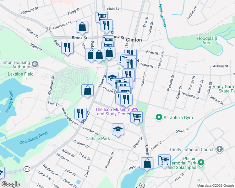map of restaurants, bars, coffee shops, grocery stores, and more near in Clinton