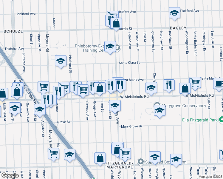 map of restaurants, bars, coffee shops, grocery stores, and more near 17154 Washburn Street in Detroit