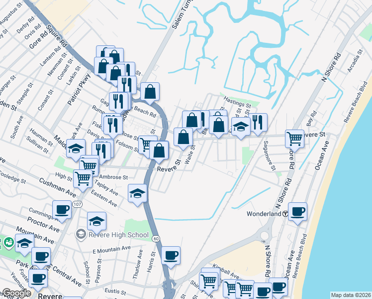 map of restaurants, bars, coffee shops, grocery stores, and more near 288 Revere Street in Revere