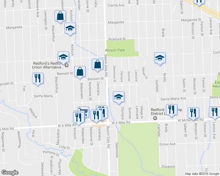 map of restaurants, bars, coffee shops, grocery stores, and more near 17394 Beech Daly Road in Redford Charter Township
