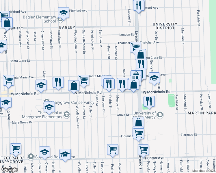 map of restaurants, bars, coffee shops, grocery stores, and more near 17196 Prairie Street in Detroit