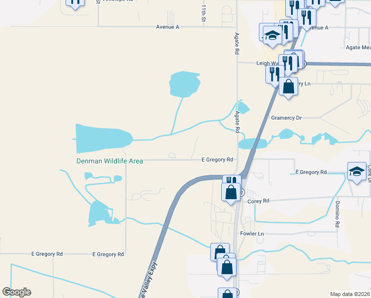 map of restaurants, bars, coffee shops, grocery stores, and more near 1705 East Gregory Road in Central Point