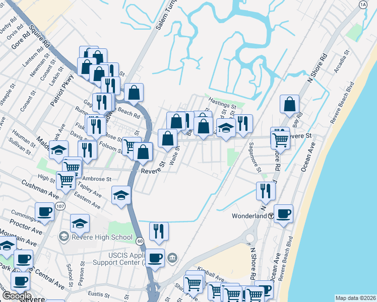 map of restaurants, bars, coffee shops, grocery stores, and more near 328 Revere Street in Revere