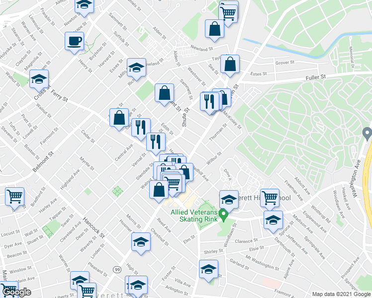 map of restaurants, bars, coffee shops, grocery stores, and more near 57 Shute Street in Everett