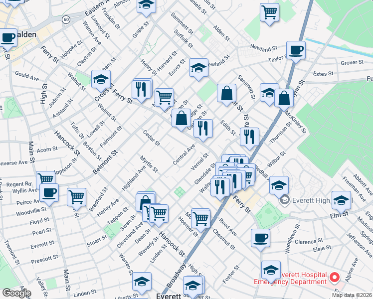 map of restaurants, bars, coffee shops, grocery stores, and more near 484 Ferry Street in Everett