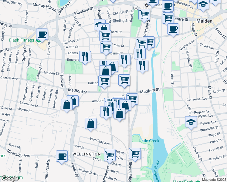 map of restaurants, bars, coffee shops, grocery stores, and more near 42 Oakland Street in Malden