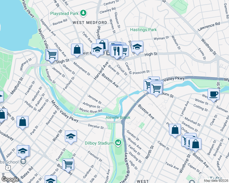 map of restaurants, bars, coffee shops, grocery stores, and more near 89 Boston Avenue in Medford