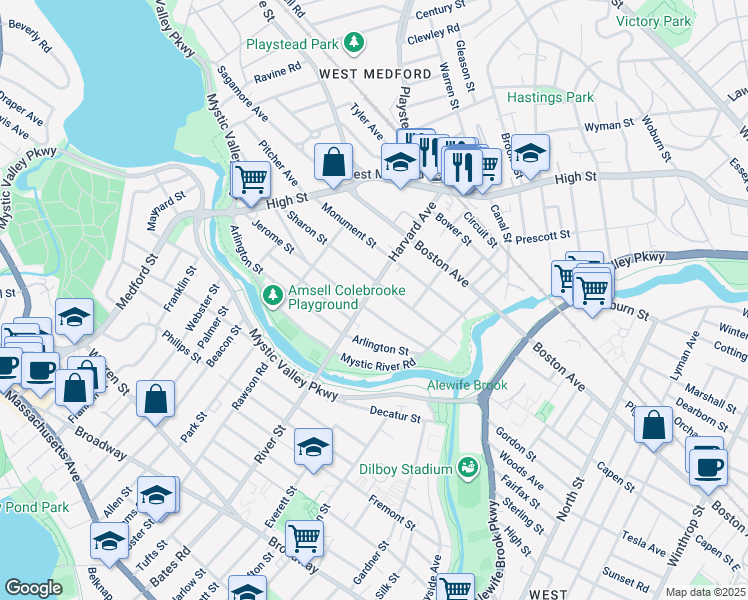 map of restaurants, bars, coffee shops, grocery stores, and more near 90 Sharon Street in Medford