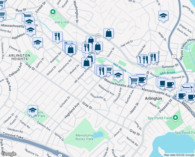 map of restaurants, bars, coffee shops, grocery stores, and more near 935 Massachusetts Avenue in Arlington