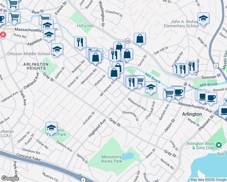 map of restaurants, bars, coffee shops, grocery stores, and more near 10 Mount Vernon Street in Arlington