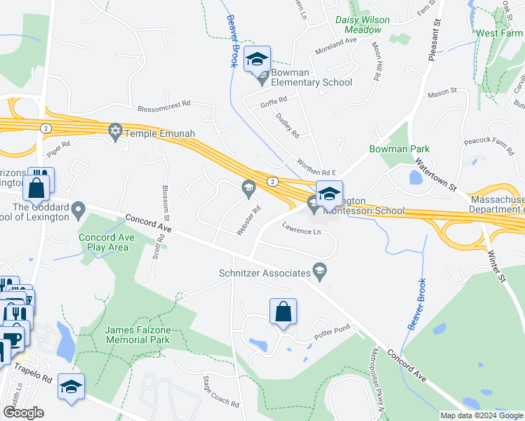 map of restaurants, bars, coffee shops, grocery stores, and more near 7 Webster Road in Lexington