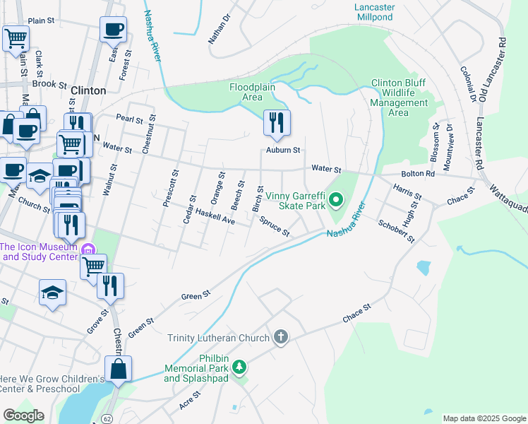 map of restaurants, bars, coffee shops, grocery stores, and more near 85 Birch Street in Clinton