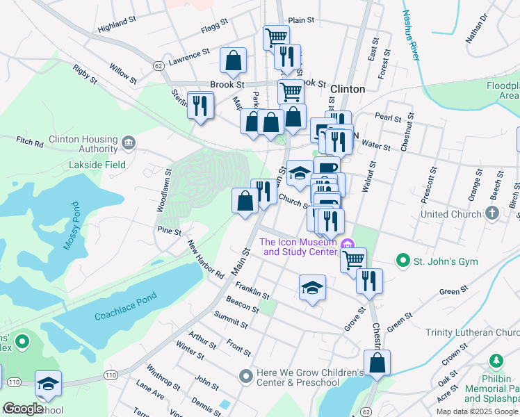 map of restaurants, bars, coffee shops, grocery stores, and more near 28A Sterling Street in Clinton