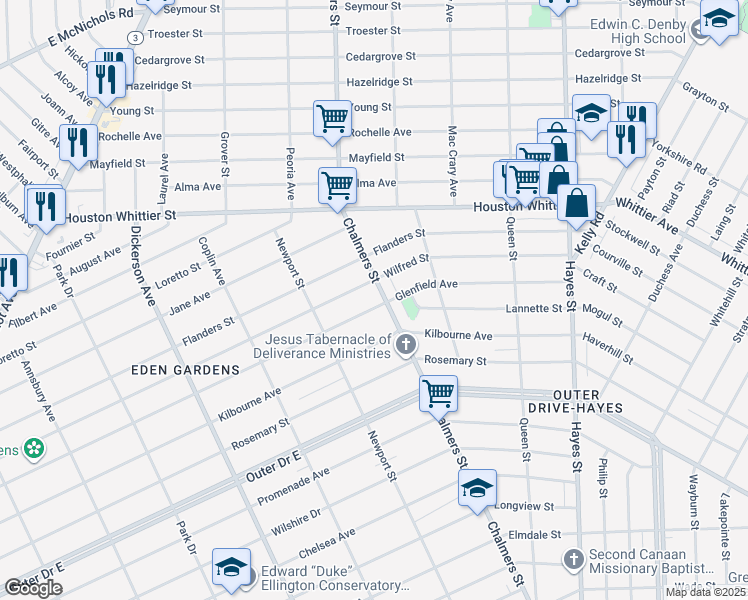 map of restaurants, bars, coffee shops, grocery stores, and more near in Detroit
