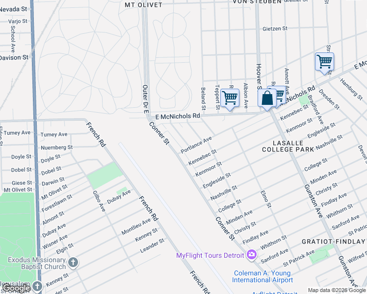 map of restaurants, bars, coffee shops, grocery stores, and more near 13049 Algonac Street in Detroit