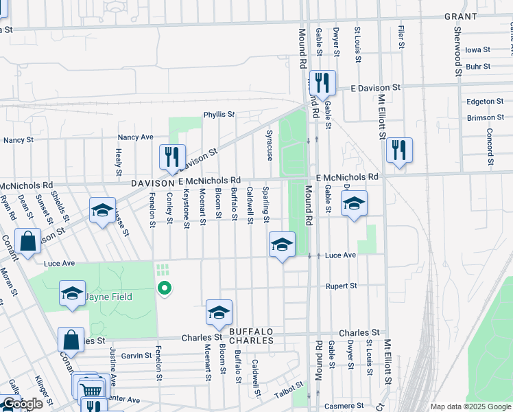 map of restaurants, bars, coffee shops, grocery stores, and more near 13795 Sparling Street in Hamtramck