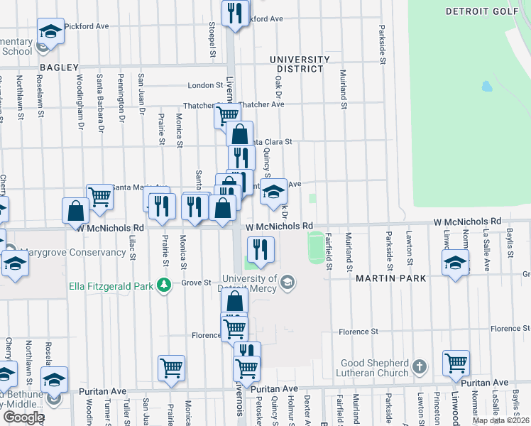 map of restaurants, bars, coffee shops, grocery stores, and more near 17185 Quincy Street in Detroit