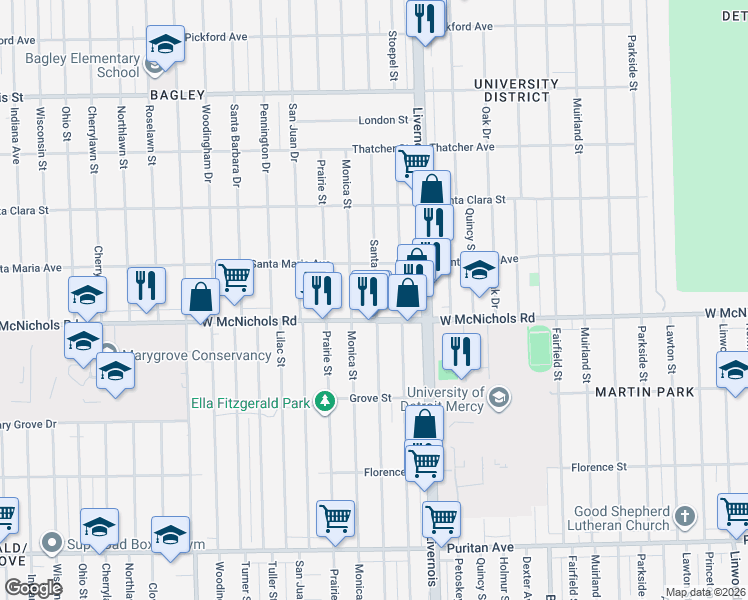 map of restaurants, bars, coffee shops, grocery stores, and more near 17189 Santa Rosa Drive in Detroit