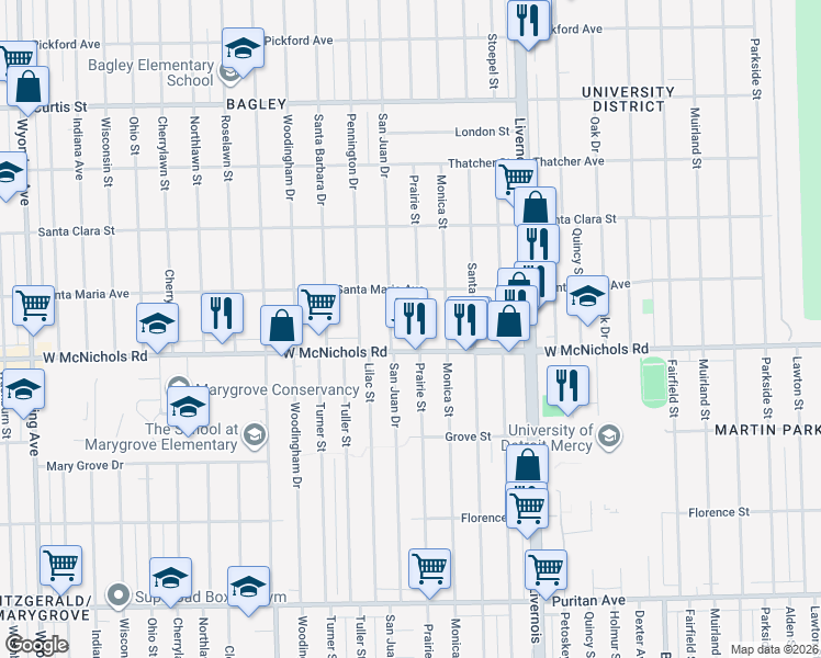 map of restaurants, bars, coffee shops, grocery stores, and more near 17196 Prairie Street in Detroit