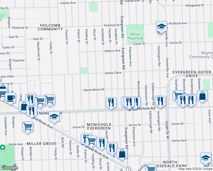 map of restaurants, bars, coffee shops, grocery stores, and more near 17376 Kentfield Street in Detroit