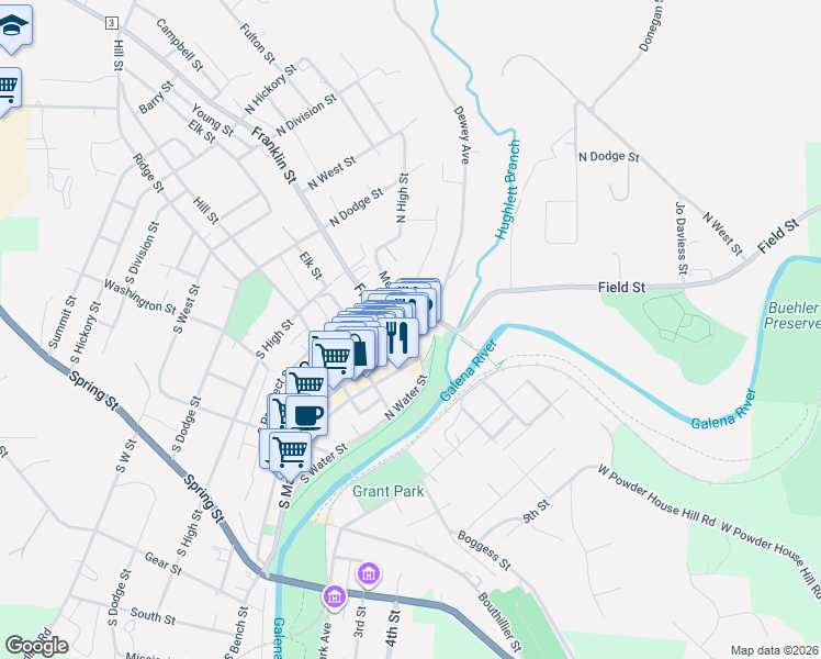 map of restaurants, bars, coffee shops, grocery stores, and more near 330 North Bench Street in Galena