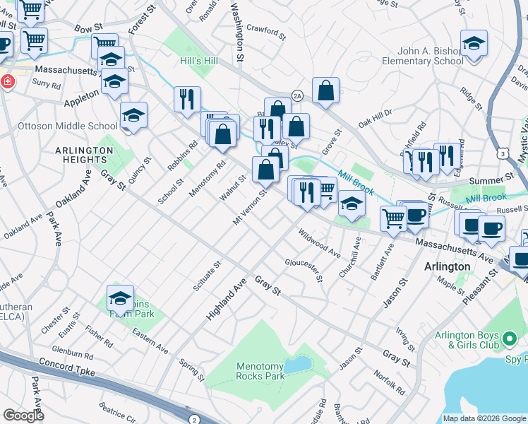 map of restaurants, bars, coffee shops, grocery stores, and more near 10 Mount Vernon Street in Arlington