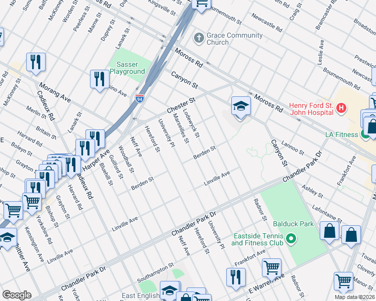 map of restaurants, bars, coffee shops, grocery stores, and more near 6135 Marseilles Street in Detroit