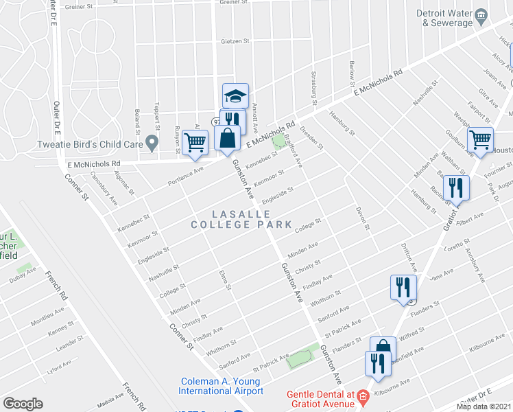 map of restaurants, bars, coffee shops, grocery stores, and more near Gunston St & Engleside St in Detroit