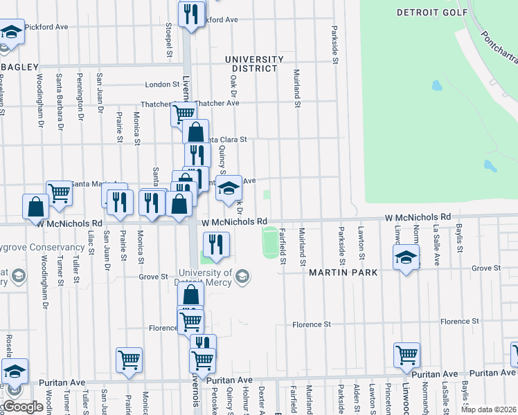 map of restaurants, bars, coffee shops, grocery stores, and more near 17136 Birchcrest Drive in Detroit