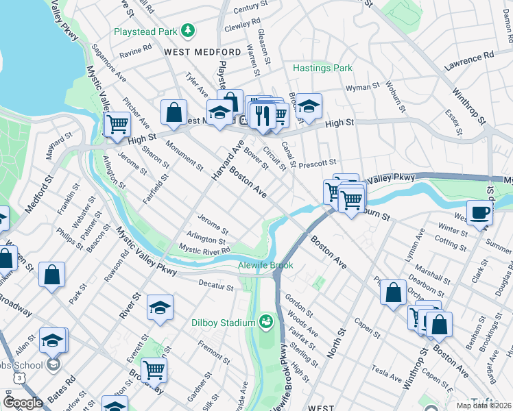 map of restaurants, bars, coffee shops, grocery stores, and more near 89 Boston Avenue in Medford
