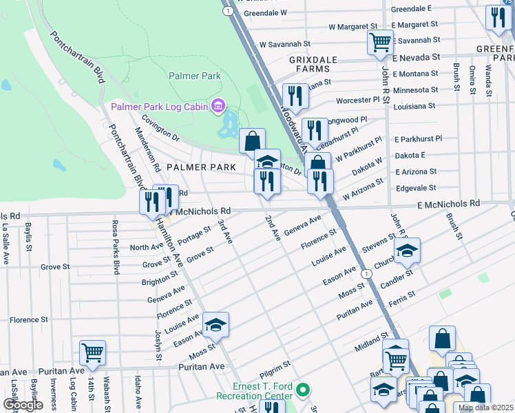 map of restaurants, bars, coffee shops, grocery stores, and more near 641 Merton Road in Detroit